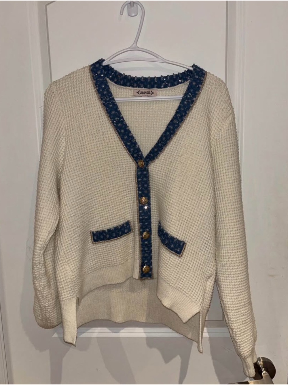 Nanette Lepore Cream Cardigan with Blue Trim